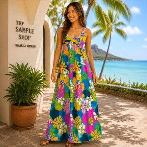 VTG 60s 70s Hawaiian Maxi Dress XS? Floral Psychedelic Tiki Hostess Sample Shop